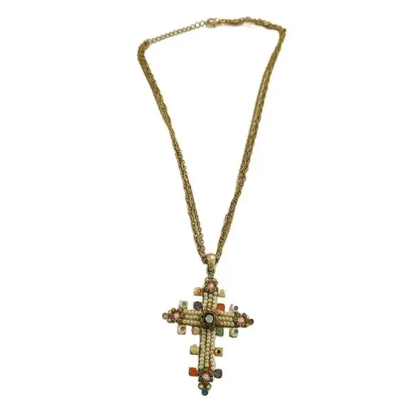 Vintage Cross Necklace with Crystals, Pearls and Rhinestones - Picture 9 of 11